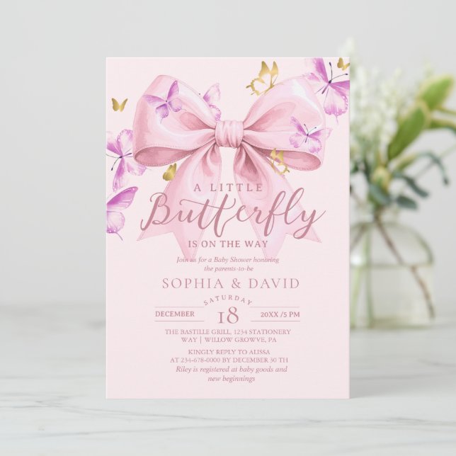 Gold A Little Butterfly  Pink Bow Baby Shower  Invitation (Standing Front)