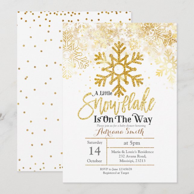 Gold A little snowflake is on the way baby shower Invitation (Front/Back)