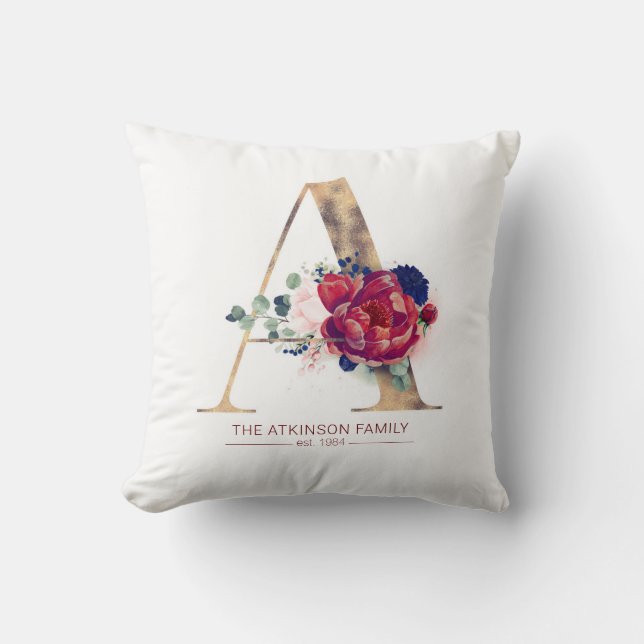 Gold A Monogram Floral Burgundy and Navy Blue Cushion (Front)