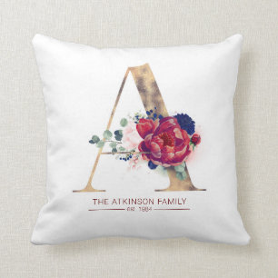 Gold A Monogram Floral Burgundy and Navy Blue Cushion