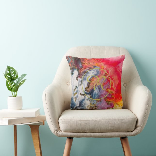 Gold Abstract Art Red, Violet Yellow Blue Monogram Cushion (Chair)