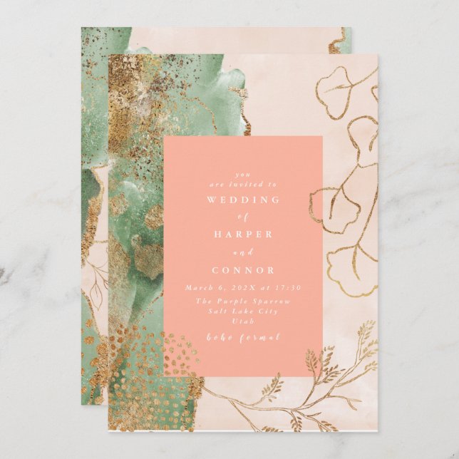 Gold Abstract Eucalyptus | Modern Emerald Wedding Invitation (Front/Back)