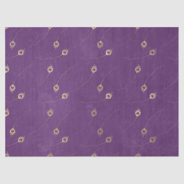 Gold Abstract Eye of Peacock Feathers on Purple Tissue Paper (Front)