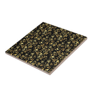 Gold Abstract Floral in Black Background Ceramic Tile