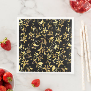 Gold Abstract Floral on Black Background Napkin
