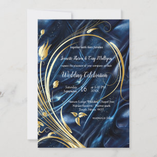 Gold abstract flowers on Simmery Blue Silk  Invitation