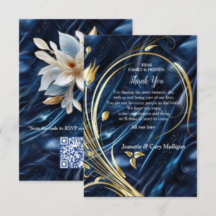 Gold abstract flowers on Simmery Blue Silk RSVP Card