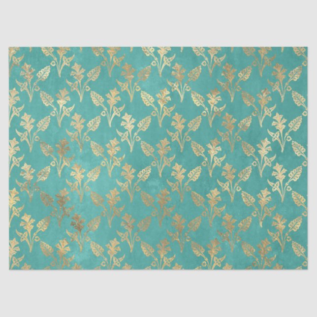 Gold Abstract Flowers on Turquoise Decoupage Tissue Paper (Front)