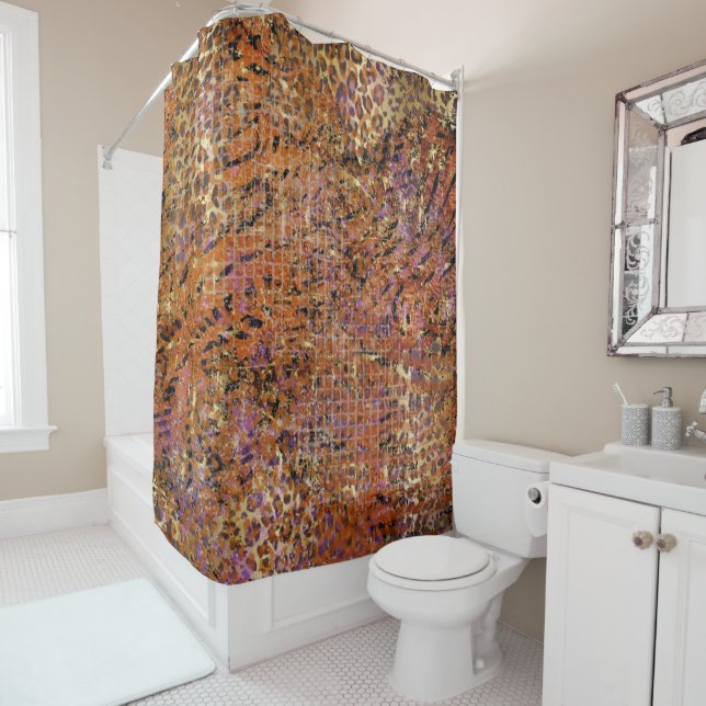 Gold Abstract Mixed Animal And Leopard Skin Shower Curtain (In Situ)