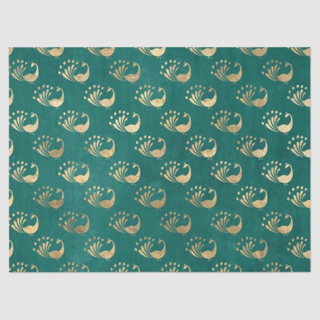 Gold Abstract Peacocks on Green Decoupage Tissue Paper (Front)