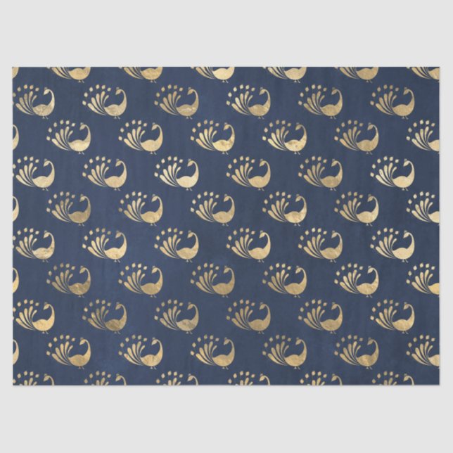 Gold Abstract Peacocks on Navy Decoupage Tissue Paper (Front)