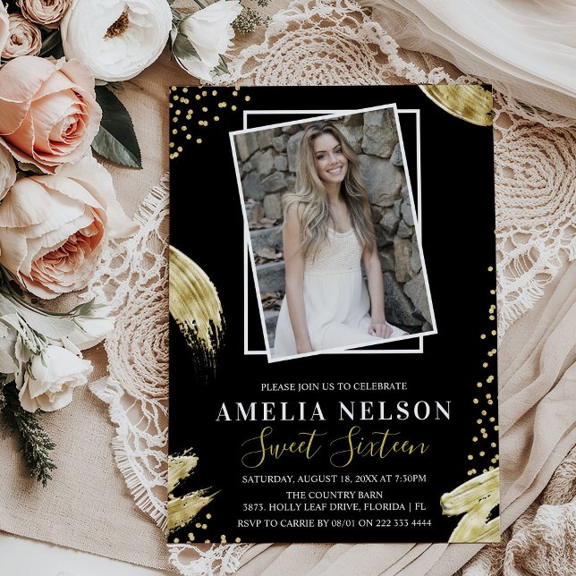 Gold Abstract Photo Sweet 16 Birthday Invitation (Creator Uploaded)