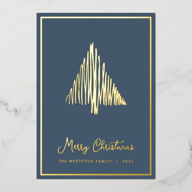 Gold Abstract Scandi Christmas Tree Teal Foil Holiday Card (Front)