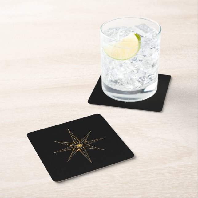 Gold abstract star lineart square paper coaster (Insitu)