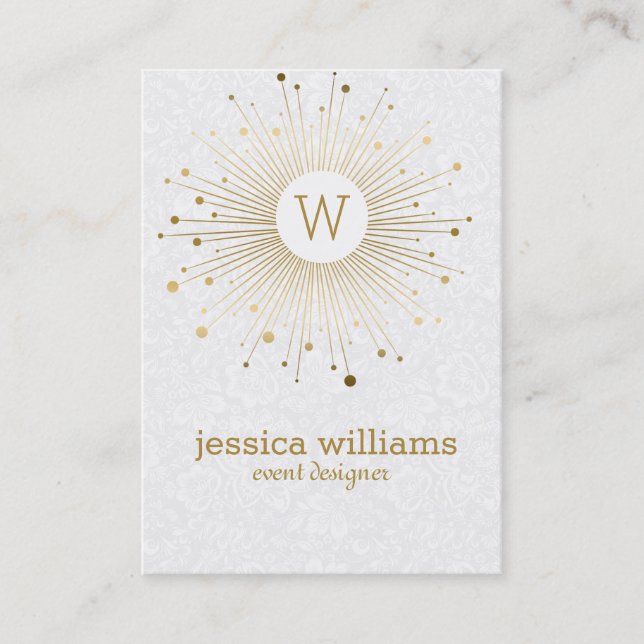 Gold Abstract Star White Damasks Business Card (Front)