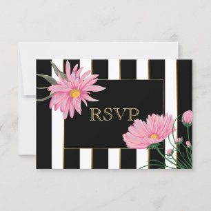Gold Accent Black Stripes Pink Daisies RSVP Card