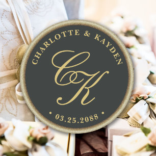 Gold Accent Dark Green Monogram Wedding Favour Classic Round Sticker