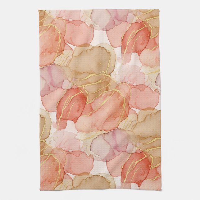 Gold Accented Fluid Art - Sienna Marble (4) Tea Towel (Vertical)