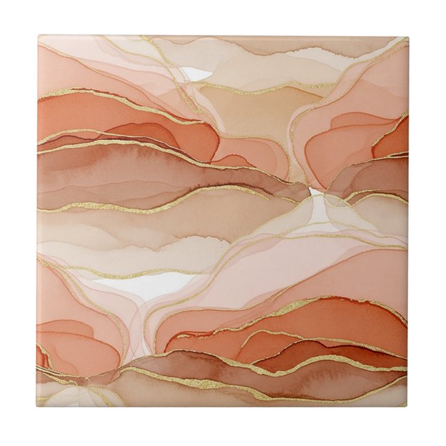 Gold Accented Fluid Art - Sienna Marble Ceramic Tile (Front)