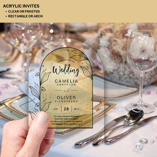 GOLD Acrylic Wedding Invites Black Text Modern Acrylic Invitations