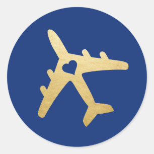 Gold Aeroplane Heart Travel Theme EDITABLE COLOR Classic Round Sticker