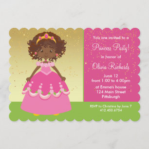 Gold African American Princess Girl Birthday Party Invitation