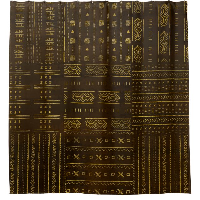 Gold African Tribal Pattern on rich brown texture Shower Curtain (Front)