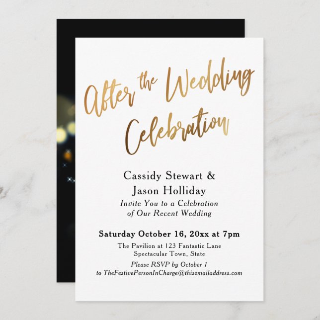 Gold After the Wedding Celebration, Bokeh Black Invitation (Front/Back)