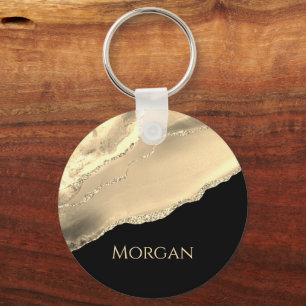 Gold Agate & Glitter, Gold Name on Black Key Ring
