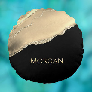 Gold Agate & Glitter, Gold Name on Black Round Cushion