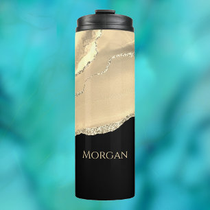 Gold Agate & Glitter, Gold Name on Black Thermal Tumbler