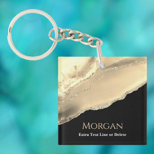 Gold Agate & Glitter, Name & Text Line, Black Key Ring