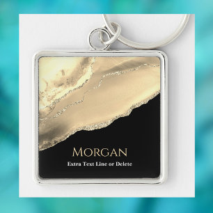 Gold Agate & Glitter, Name & Text Line, Black Key Ring