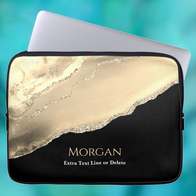 Gold Agate & Glitter, Name & Text Line, Black Laptop Sleeve (Creator Uploaded)