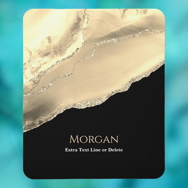 Gold Agate & Glitter, Name & Text Line, Black Mouse Pad (Creator Uploaded)