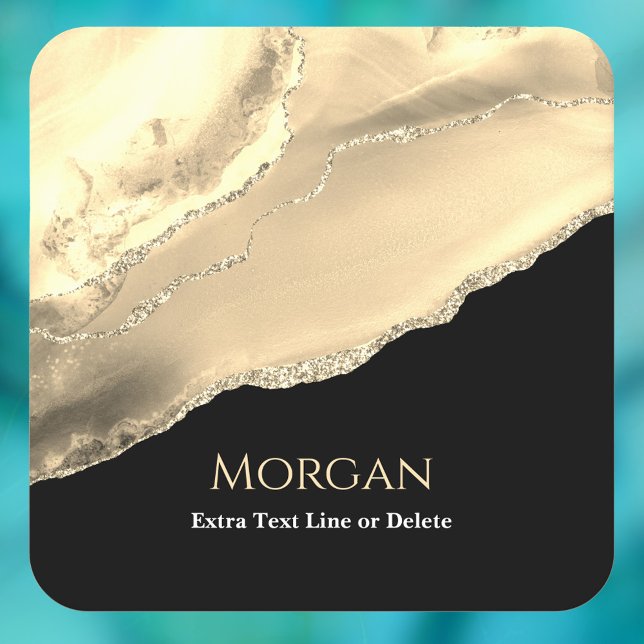 Gold Agate & Glitter, Name & Text Line, Black Square Paper Coaster (Creator Uploaded)
