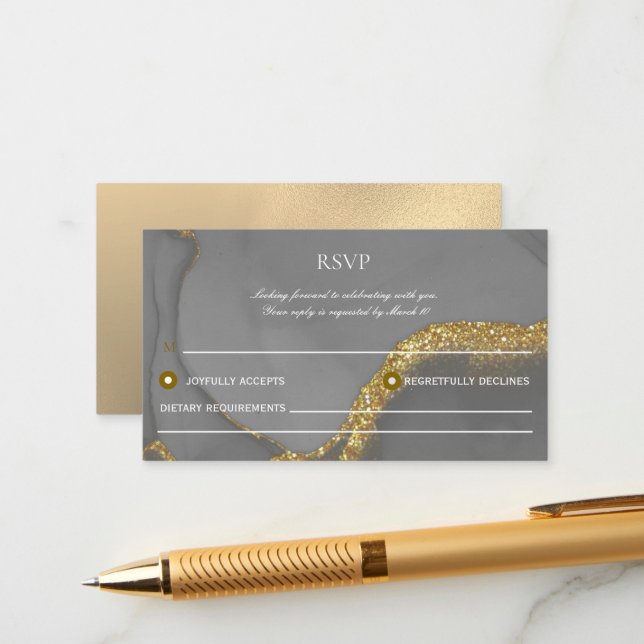 Gold Alcohol Ink Chic Wedding RSVP Card (Front/Back In Situ)