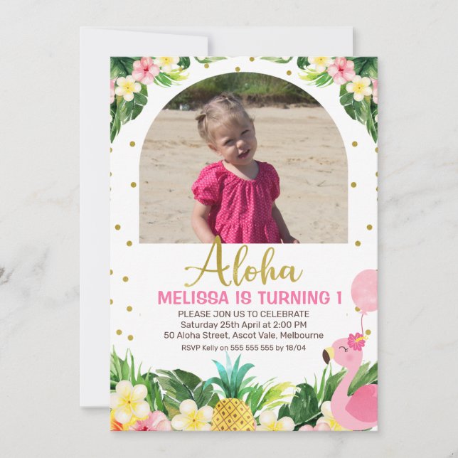 Gold Aloha Floral Flamingo Arch Photo 1st Birthday Invitation (Front)