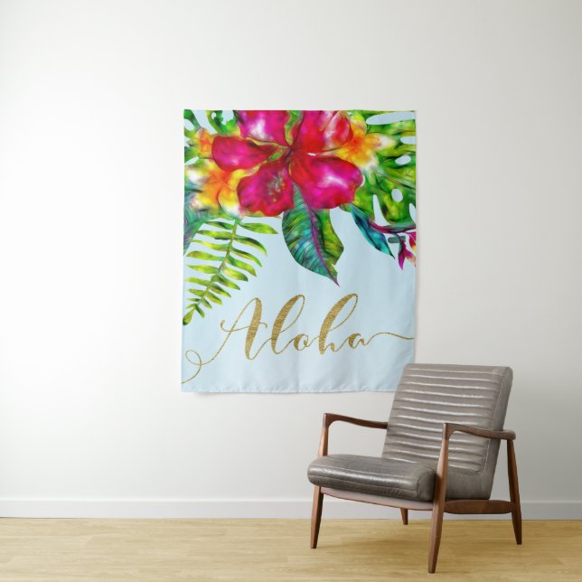 Gold Aloha Hawaiian Luau Electric Floral Backdrop Tapestry (In Situ)