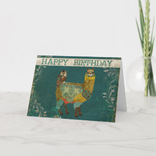 Gold Alpaca & Teal Owl Birthday Card