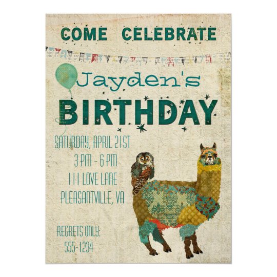 Gold Alpaca Teal Owl Birthday Invitation