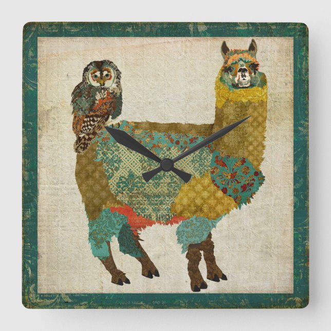 Gold Alpaca & Teal Owl Wall Clock (Front)