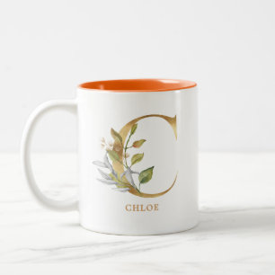 Gold Alphabet C Monogram   Leaf Foliage Two-Tone Coffee Mug