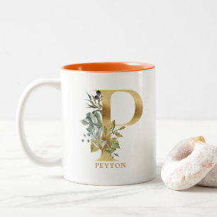 Gold Alphabet P Monogram   Leaf Foliage Two-Tone Coffee Mug