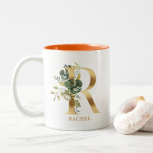 Gold Alphabet R Monogram   Leaf Foliage Two-Tone Coffee Mug