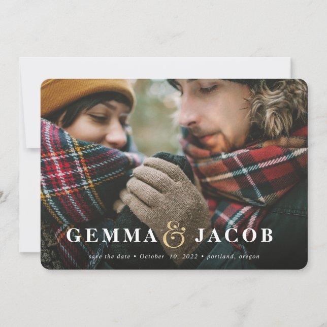 Gold ampersand photo save the date holiday card (Front)