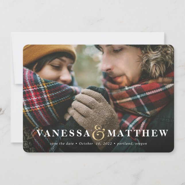 Gold ampersand photo save the date holiday card (Front)