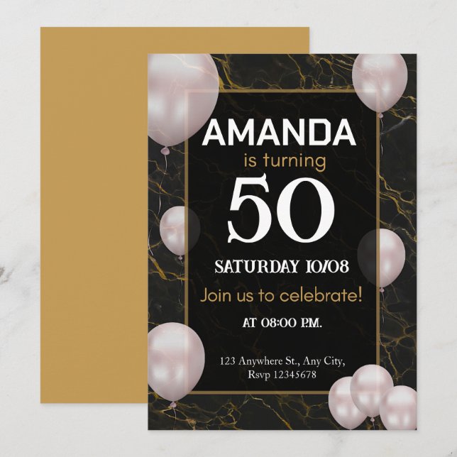 Gold an black  50th Birthday party  Invitation (Front/Back)