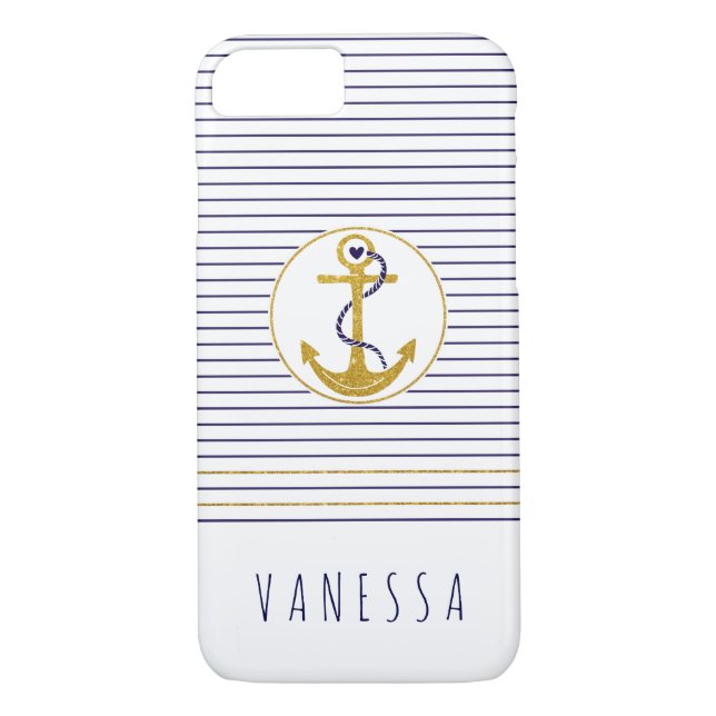 Gold anchor and navy blue stripes nautical Case-Mate iPhone case (Back)