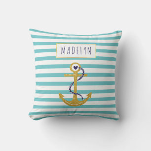 Gold anchor aqua striped pattern summer nautical outdoor cushion